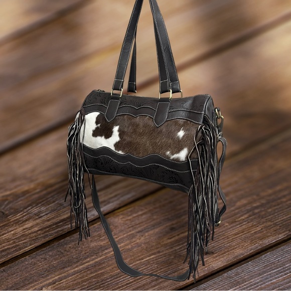 Handbags - Western Genuine Embossed Leather Cowhide Fringe Tassel Tan Spring Festival New